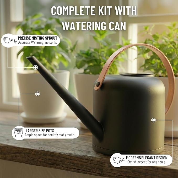 Indoor Garden Kit - Plant Pots with Drainage, Watering Can & Tools - Ideal Windowsill Planter Set - Modern Home & Kitchen Decor Gift - Black