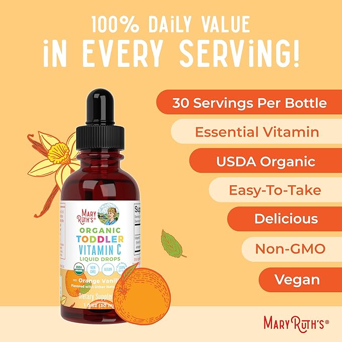 MARYRUTH'S Organic Toddler Vitamin C Drops for Immunity | Ages 1-3 Years | 15 mg Per Serving | Vitamin C for Immune Support & Overall Health | Vegan | Sugar Free | Gluten Free | Non-GMO | 30 Servings