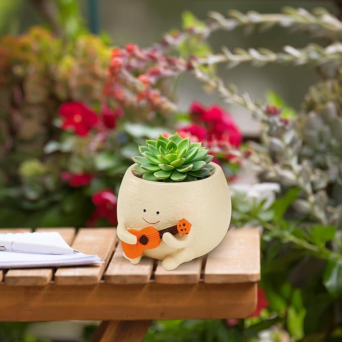 Face Planter Pot Funny Smiley Head Plant Pots with Drainage Hole for Indoor Plants, Cute Guitar Succulent Flower Pot, Unique Gifts on Birthday, Christmas