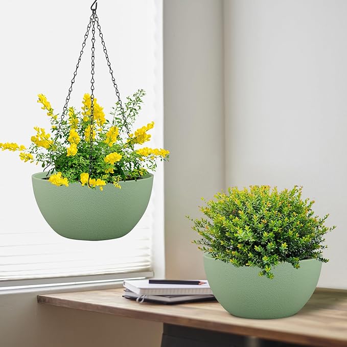 Meowell 8 inch Small Hanging Planters Plant Pots for Indoor Outdoor Plants, 2 Pack Hanging Flower Pots with Drainage Holes and Chain for Garden Porch, Plastic Hanging Baskets for House Plants, Green