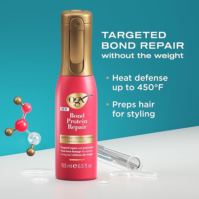 OGX Repair & Protect Bond Protein Repair 450°F Heat Protect Spray, Weightless Mist for Nonstop Damage Protection* to All Hair Types, Heat Spray Preps Hair for Styling, 6.5 fl. oz (Pack of 2)
