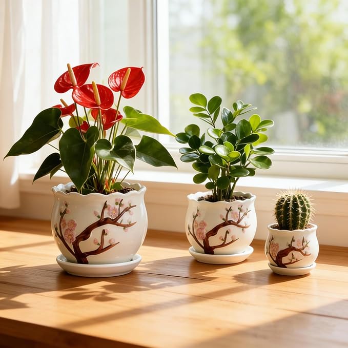 Vintage Flower Pots for Indoor Plant, Round Ceramic Plant Pots with Drainage Holes and Saucers, 6.7/5.2/3.9 Inches Retro Flower Planters Set of 3 (Cherry Blossom)