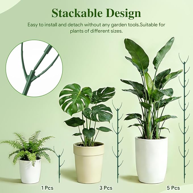 15 Packs Stackable Monstera Plant Support, 11 inch Plant Stakes with 131ft Garden Twist Tie & 10 Plant Clips for Indoor and Outdoor Plants Use Garden Trellis for Climbing and Potted Plants