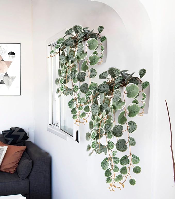 Briful Faux Hanging Plants Indoor 17'' Artificial String of Heart Plants with Semicircle Wall Mount Planter Faux Draping Vine Plants for Home Office Bathroom Hanging Decor (Green White)