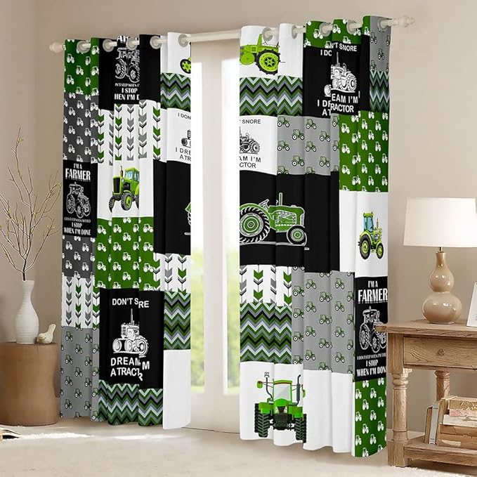 Feelyou Tractor Curtains Farm Tractor Blackout Curtain for Kids Boys Girls Cartoon Car Window Drapes Harvester Excavator Window Treatments Green 42W X 63L，2 Panels