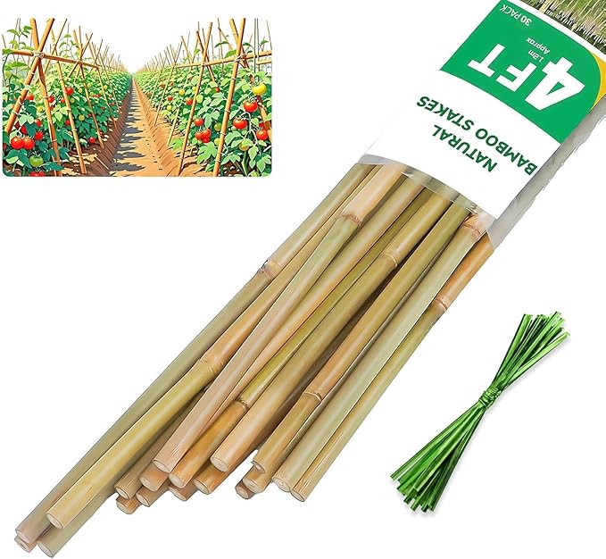 4ft Natural Bamboo Plant Stakes for Tomatoes, Beans, Flowers, Potted, Climbing Plants 30pcs