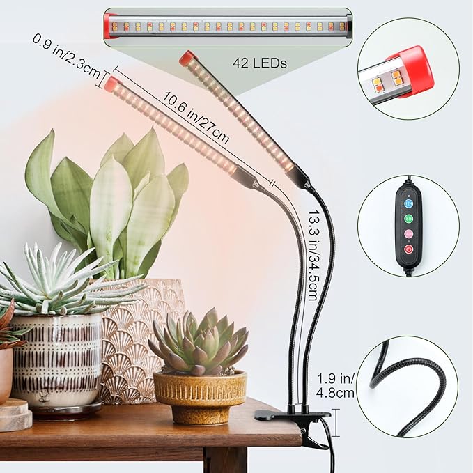 Gamechanger! 18 Watt Power Draw, NO Need Adapter, FECiDA 2026 2Head Clip Grow Lights for Seed Starting, Bonsai, Small Indoor Plants, Enough Bright Like Sun, 4/8/12/16/20H Timer
