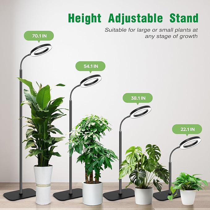 Plant Lights for Indoor Growing, Cord Hidden Standing Grow Lights for Indoor Plants, 20w Full Spectrum LED Grow Lamp for Indoor Plants,3/9/12 h Timer,10 Brightness,70" Height Adjustable, Black