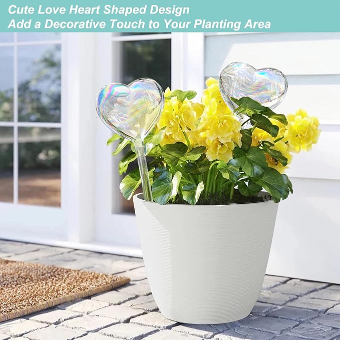 Kingbuy Self Watering Spikes Plant Watering Globes Iridescent Color Heart Shaped Glass Water Bulbs Devices for Plants, 2 Pack
