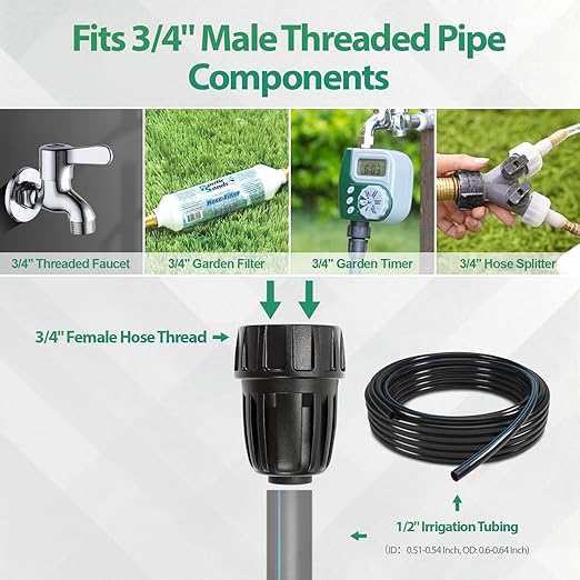 RedChili 6 Pcs 1/2 Inch Drip Irrigation Tubing to Faucet/Garden Hose Adapter, 3/4" FHT to 1/2" (1/2" ID x0.6-0.65" OD) Drip Irrigation Fittings Female Garden Hose Water Line System Connector