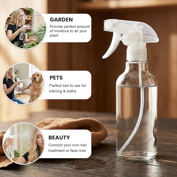 Glass Spray Bottles 12oz Empty Spray Bottle Mist/Stream Spraying Small Refillable Containers for Hair Care, Cleaning Solutions, Plants, Essential Oils 1 Pack (Clear-1, 12oz)