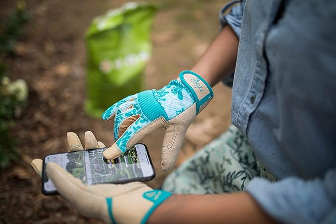 Digz Large Gardening Gloves for Women High Performance Thorn Proof Touchscreen Fingertips Reinforced Palm and Knuckle Padding Blue Leaves Pattern, 7607-23