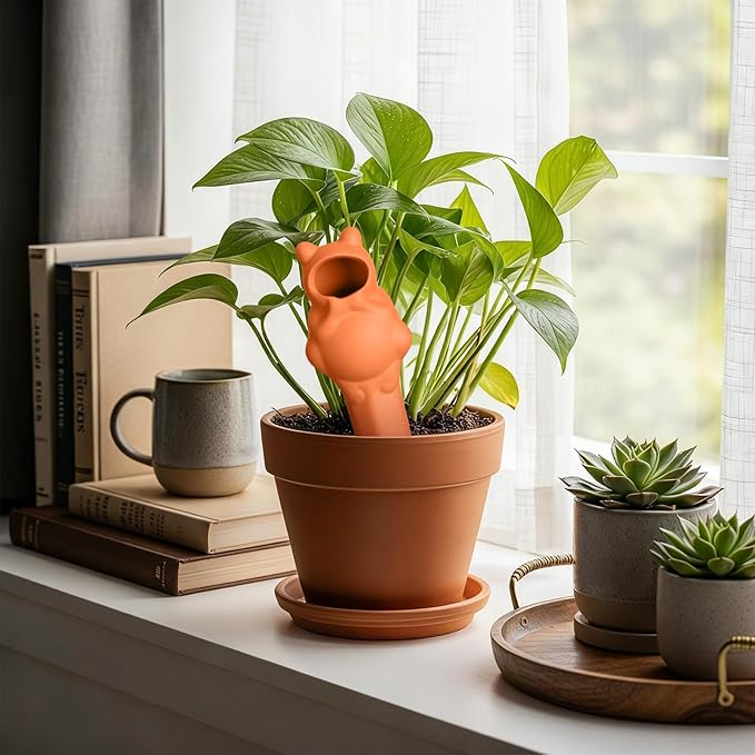 4 Pack Terracotta Self Watering Stakes Frogs Shaped Plant Watering Devices Spikes Irrigation Slow Release Plant Self Water Spikes Planter Insert for Garden Indoor Outdoor Pot Plants