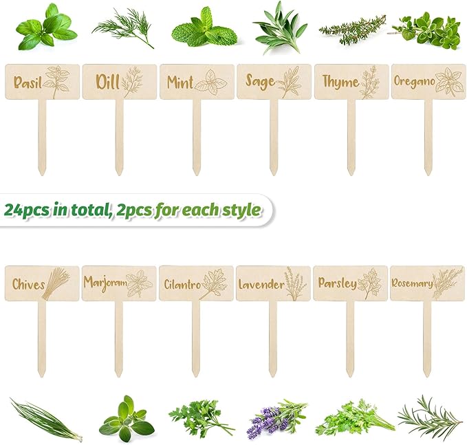 JarThenaAMCS 24Pcs Wooden Plant Label Signs 12 Styles Spring Summer Garden Herb Markers Wood T-Type Tags Reusable Plant Stake Tags with Names for Nursery Indoor Outdoor Garden Decor