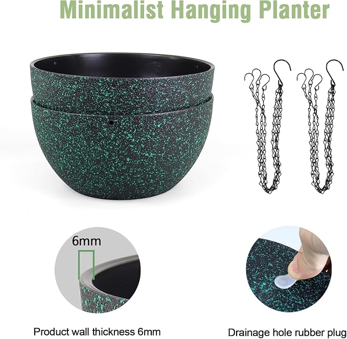 Meowell 10 inch Hanging Planters for Indoor Outdoor Plants, 2 Pack Hanging Flower Pots with Drainage Holes and Chain for Garden, Plastic Hanging Baskets for House Plants, Black with Green Speckles