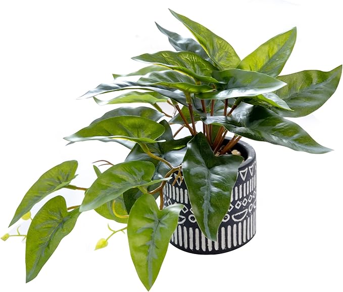 AlphaAcc Faux Plant Decor Potted Artificial Small Greenery Ivy Leaves Plants with Black and White Geometry Patterns Cement Pot for Office Desk Home Kitchen Decoration (Taro Leaf)