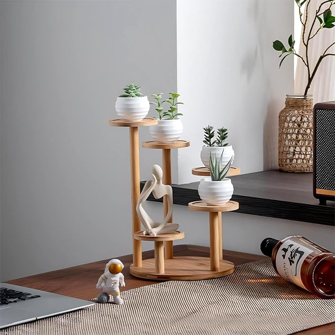 5 Tiered Desk Plant Stand Round Bamboo Plant Shelf Tabletop Succulent Herb Stand Desktop Plant Stand Indoor Plant Rack for in Living Room Office Decoration - Large