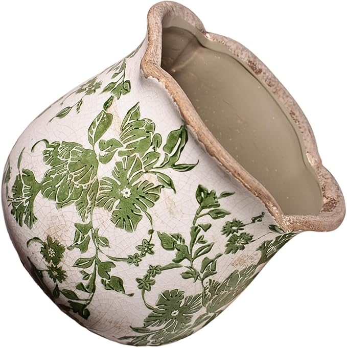 Xiaan Jiaju Tuscan Ceramic Plant Pots, 6.11 Inch Vintage Planters with Drainage Hole for Indoor Plants, Farmhouse Green Scroll Vase & Flower Pots, Home Kitchen Garden Decor, Plant Lover Gifts