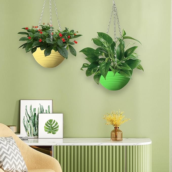 Srmayyi 8 Pack 8 Inch Plastic Self Watering Hanging Planters,Colorful Hanging Basket Planter with Drainer and Metal Chain,Garden Flower Plant Pot Container for Indoor Outdoor Plants,8 Colors