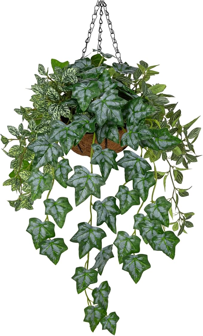 Fake Hanging Plant with Pot, Large Hanging Artificial Plants with Basket & Hanger Faux Greenery Plants Indoor Outdoor Decor Fake Ivy Vine Plant in Pot for Wall Balcony Patio Office Bathroom Shelf