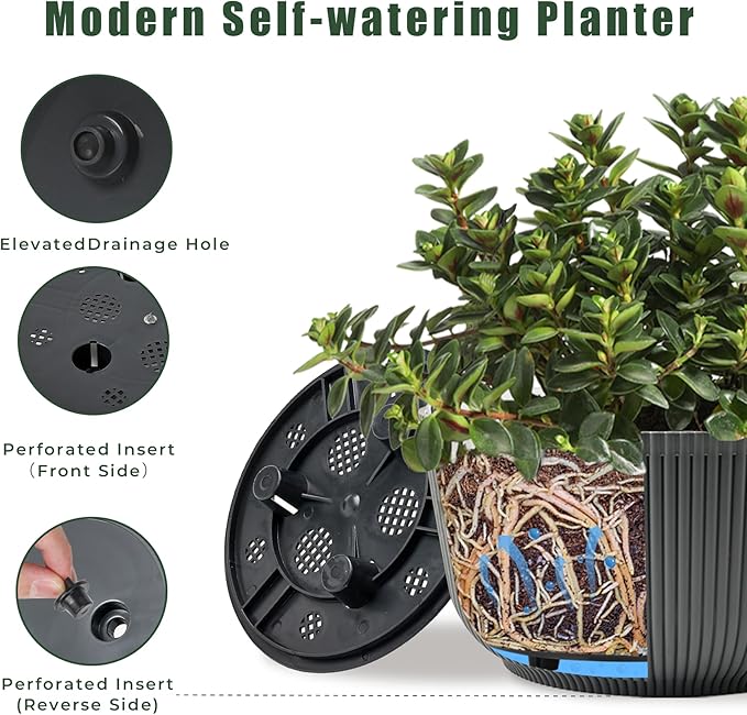 T4U 12 Inch Self Watering Pots for Indoor Plants, 2 Pack Large Plant Pots, Self Watering Planter for Indoor Plants, Durable Plastic Pots (2 Pack,12", Gray)