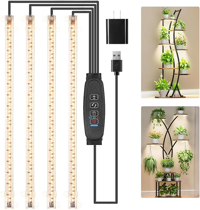 RWNTAO LED Plant Growing lamp Strips, Full Spectrum 3500K Grow Light for Indoor Plants with 3/9/12H Timer and 10 Dimmable Levels for Green House Hydroponics Succulent，4 Head 13 Inches
