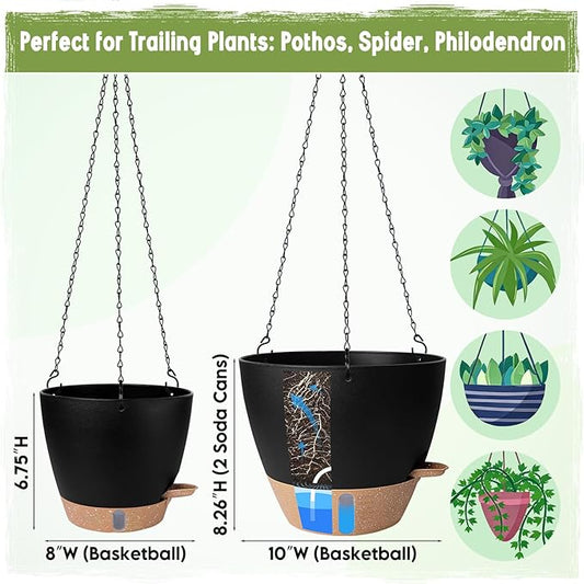 Self-Watering Hanging Planters with Water Level Window, 8/10 Inch Indoor Outdoor Hanging Plant Pots Includes Chain Hangers with Drainage Holes & Detachable Reservoir (Black, 8+10 inch)