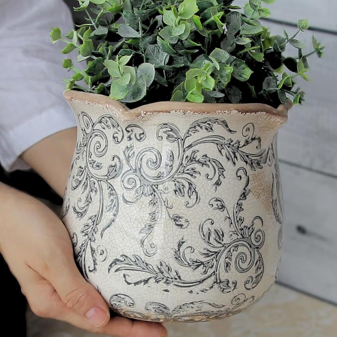 Xiaan Jiaju Ceramic Pots for Plants, Vintage Plant Pot with Drainage Hole, 6.11in. Planter for Indoor Plants, Crackle Glaze Finish Flower Pot, Perfect Tuscan Ceramic Planter for Gardening, Gray Swirls