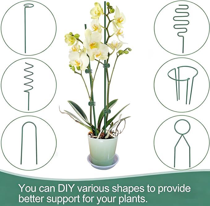 32ft Plant Support Stakes with 50 Pcs Plant Clips and 800 Ties, Plant Sticks for Indoor and Outdoor Plants, Orchid Clips and Stakes, Tall Bendable & Cuttable Single Stem Flower Stakes (Green, 32Ft)