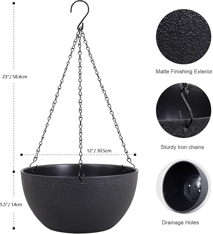 Meowell 12 inch Large Hanging Planters for Indoor Outdoor Plants, 2 Pack Hanging Flower Pots with Drainage Holes and Chain for Garden Porch, Plastic Hanging Baskets for House Plants, Black