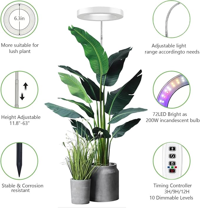 Grow Light for Indoor Plants, 6.3" Full Spectrum LED Plant Grow Light, 11.8-63in Height Adjustable Growing Lamp with Auto Timer 3H/9H/12H, 10 Dimmable Levels (White 1 Pack)