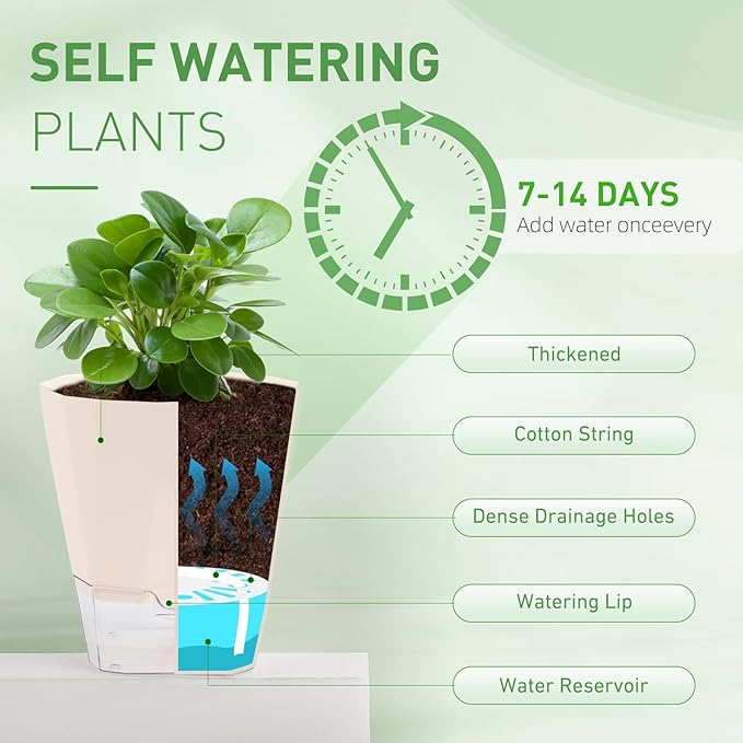 6 Pack Self Watering Planter Pots, 5 Inch Plastic Planters with Drainage Holes, Cotton Rope and Clear Reservoirs, Decorative Flower Pots for Indoor Outdoor Plants (Cream)