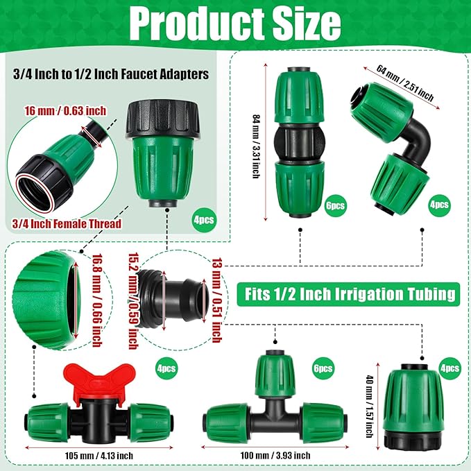 28 Pcs 1/2 Inch Drip Irrigation Fittings Kits,Drip Hose Connector for 1/2" Irrigation Tubing(1/2" ID x0.6-0.63"OD) with 6 Tees,6 Couplings,4 Switch Valves,4 End Cap, 4 Elbows,4 Faucet Adapter