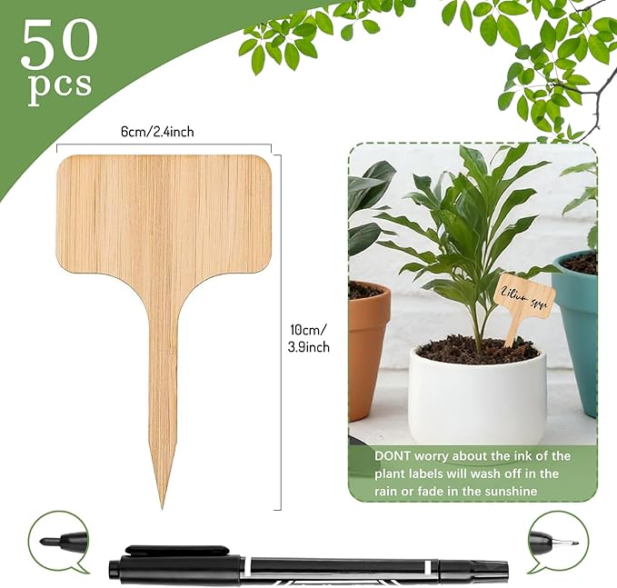 Whaline 50Pcs Bamboo Plant Labels with A Marker Pen, T-Type Wooden Plant Sign Tags Garden Markers for Seed Potted Herbs Flowers Vegetables(6 x 10 cm)