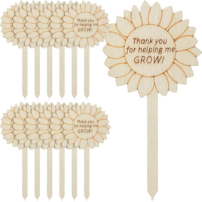 Sieral 50 Pcs Wooden Teacher Appreciation Plant Tags Sign, Thank You for Helping Me Grow, Sunflower Shape Plant Tags, Grow Succulent Gift Card Graduation Gifts Stakes Labels Garden for Baby Shower