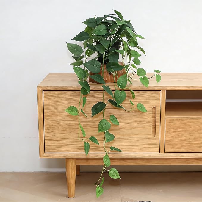 Fake Pothos Hanging Plants with Pots, 33.5" Set of 2 Faux Ivy Vines, Realistic Silk Artificial Plants Greenery for Home Indoor Decor, Living Room, Desk Shelf, Bathroom Decoration