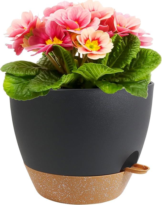 Meowell 12 inch Large Self Watering Pots, Plant Pots with Mesh Drainage Holes for Indoor Outdoor Plants, Plastic Planters with Deep Reservoir for Garden House Flower Plants, Black with Brown