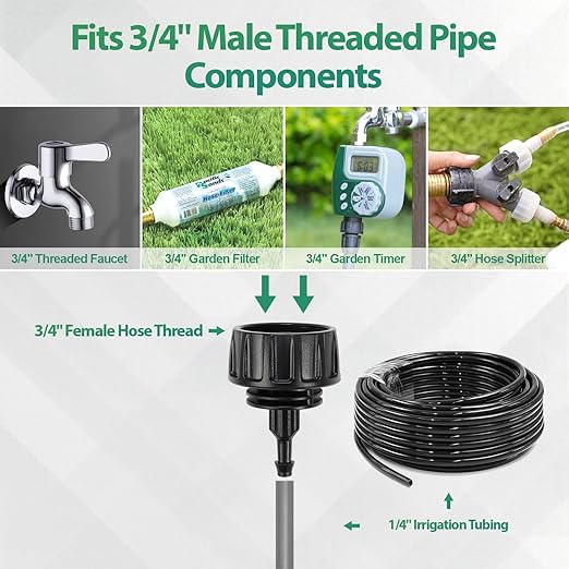 RedChili 6 Pcs 1/4 Inch Drip Irrigation Tubing to Faucet/Garden Hose Adapter, 3/4" FHT to 1/4" Drip Irrigation Fittings Female Garden Hose Water Line Connector for Irrigation System