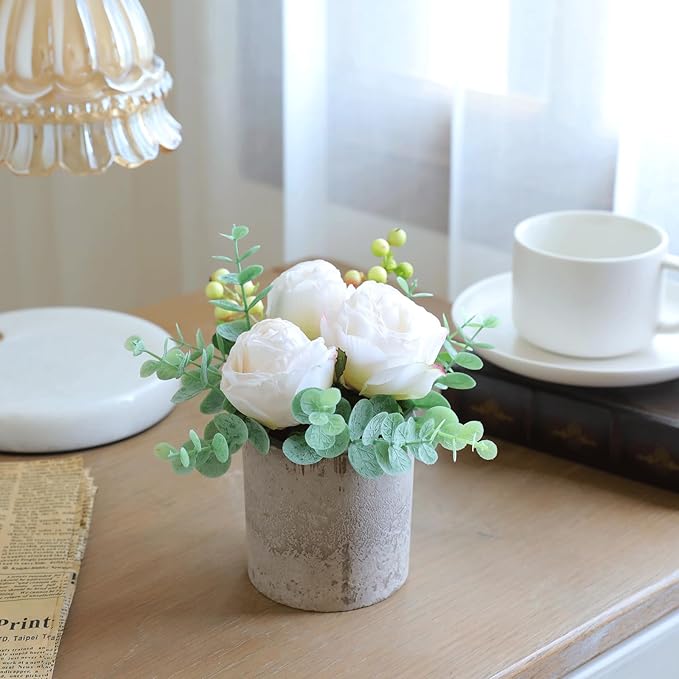 Small Artificial Burnt White Rose Potted Plant, 6" Fake Silk Flowers in 3" Cylindrical Pot, Mini Faux Floral Arrangement for Desk Shelf Bathroom Decor