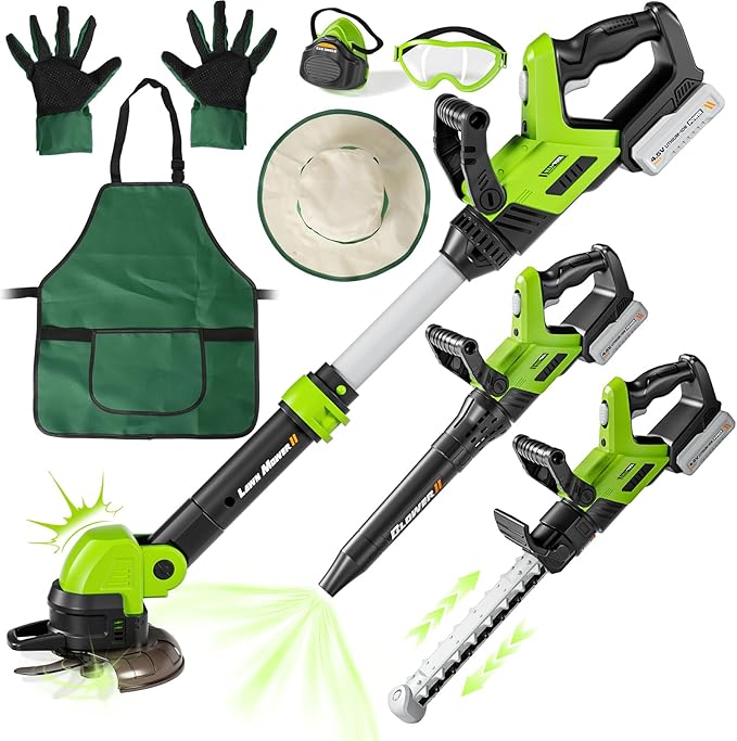 UPGRADED Kids Tool Set, 3-IN-1 Toddler Power Garden Tools with Sounds & Lights, Volume+/-, Toy Weed Wacker, Leaf Blower & Hedge Trimmer, Hat, Gloves, Apron, Toy Tools Christmas Birthday Gifts for Boys