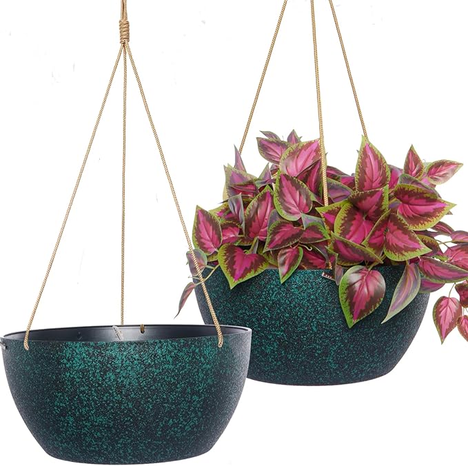 SwinDuck 12 Inch 2 Pack Large Hanging Planters for Indoor Outdoor Plants, Plastic Hanging Basket Pots for House Plants Flowers, Black Speckles