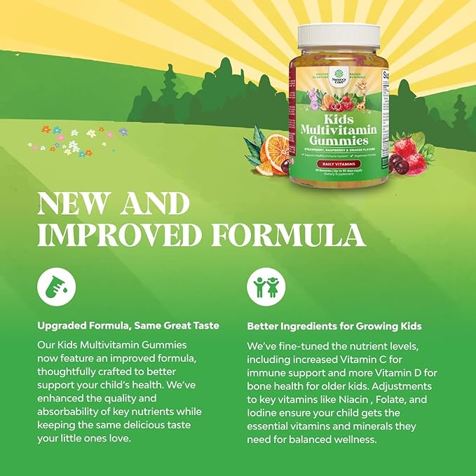 Plant Based Kids Multivitamin Gummies - Multivitamin for Kids Immune Support with Vitamins A, C, D3, E, B6 & B12, Zinc & Iodine - Children's Vitamins Chewable Formula for Strong Health - 90 Count