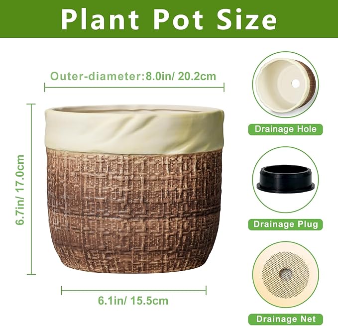 Ceramic Pots for Plants - 8 Inch Plant Pot Indoor with Drainage Hole, Round Planters for Indoor Outdoor Plants and Flowers, Decorative Boho Flower Pots, Room Decor, Housewarming Gifts, Brown