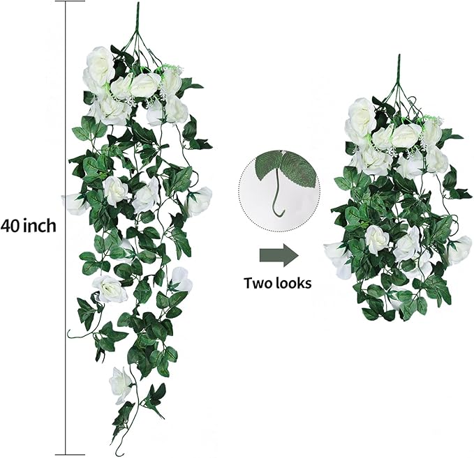 RECUTMS Artificial Hanging Rose Plant 4Pieces 3.3Ft Faux Ivy Plants Fake Outdoor Flowers Vines,UV Resistant for Wedding, Home, Office, Arch,Arrangement Decoration (White)