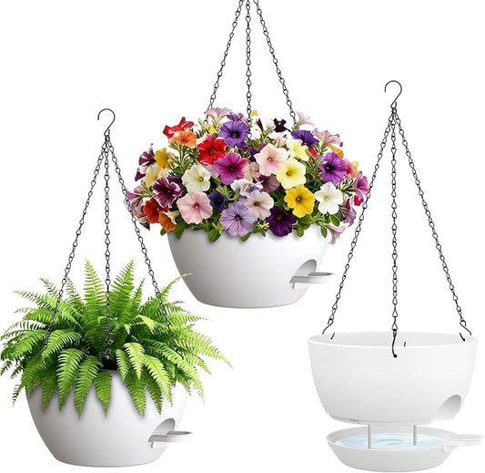 UOUZ Set of 3-10 Inch Self Watering Hanging Planters for Indoor Outdoor，Hanging Plant Pots with Drainage & Removable Tray, Hanging Pots for Pothos Plant, Spider Plants, Ferns, Balcony & Patio, White