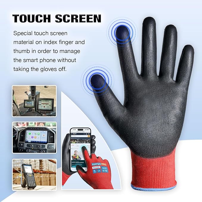 KAYGO Work Gloves PU Coated for Men and Women, 12 Pairs Safety Work Gloves with Two Fingers Touchscreen, Breathable and Lightweight,Ideal for Light Warehouse, Manufacturing, Gardening, KG11P (L, Red)