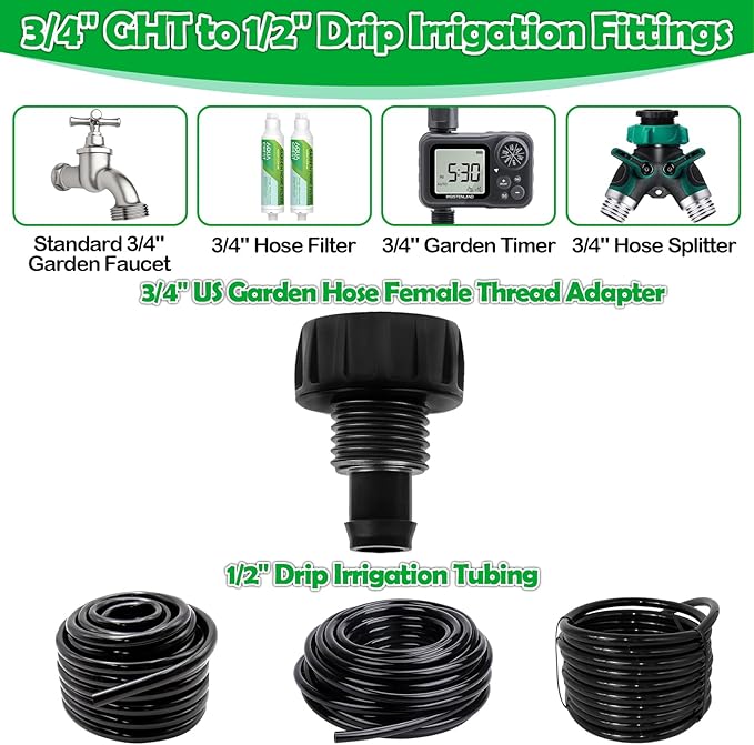 Hose To 1/2 Inch Irrigation Tubing Adapter, 3 Pack Faucet Garden Hose Adapter 3/4" To 1/2" Drip Tube 3/4 Inch FHT To 1/2 Inch Drip Adapter Fittings for Garden Irrigation System