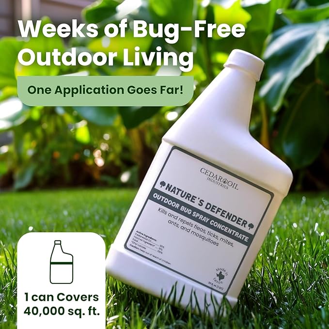 Nature's Defender Outdoor Pest Control Spray – All-Natural Cedarwood Oil Formula for Mosquitoes, Ticks, Fleas, and Ants – Safe for Pets, Kids, and Plants – 32 oz Concentrate, Treats 40,000 sq. ft