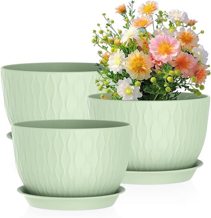 Meowell Large Flower Pots 12/10/9 inch, 3 Set Wide Plant Pots for Outdoor Indoor Plants with Water Ripples, Big Plastic Planters with Drainage Holes and Saucers for Garden House Plants, Green