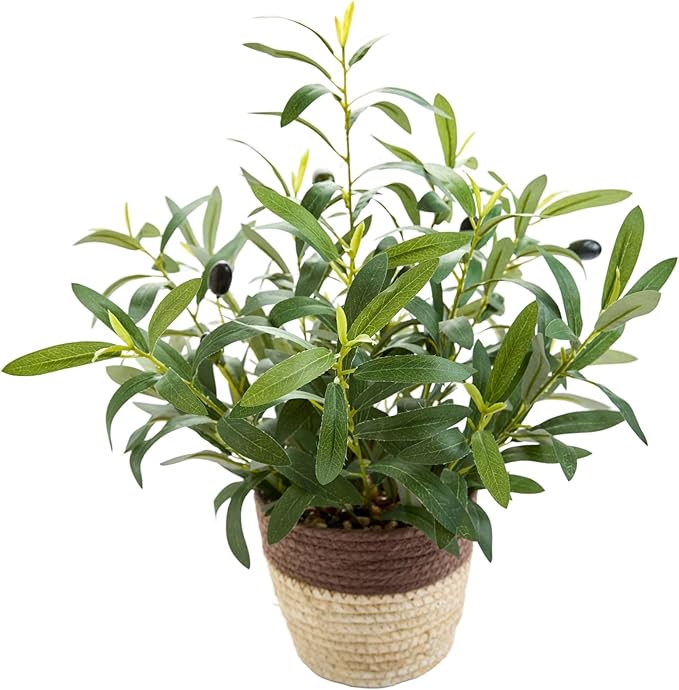 17" Artificial Olive Potted Plant with Faux Olives in Two-Tone Handwoven Basket Realistic Tabletop Fake Plant for Entryway Living Room Home Office Decor